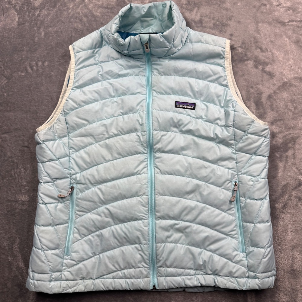 Patagonia women Down Sweater Vest Puffer Light Blue Full Zip Goose Down Sz XL